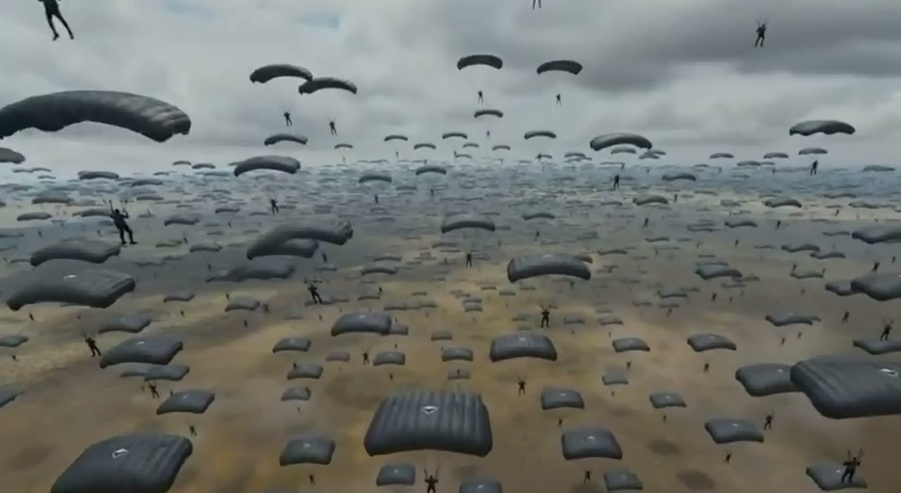 Hundreds of parachutes descending onto a desert plain